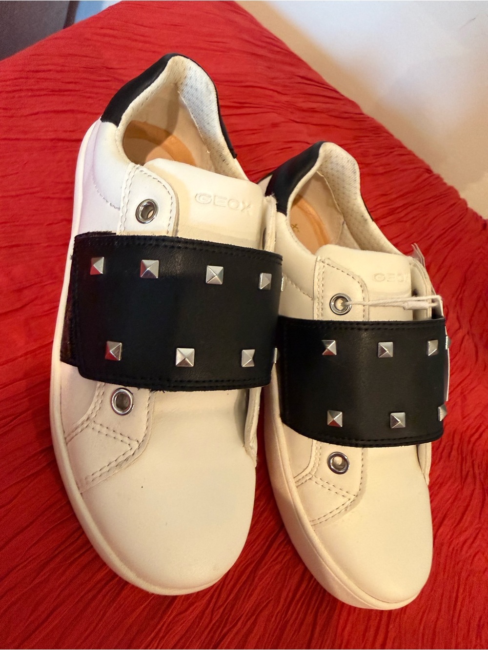 Geox Kids White Sneakers with Black Studded Strap Accents